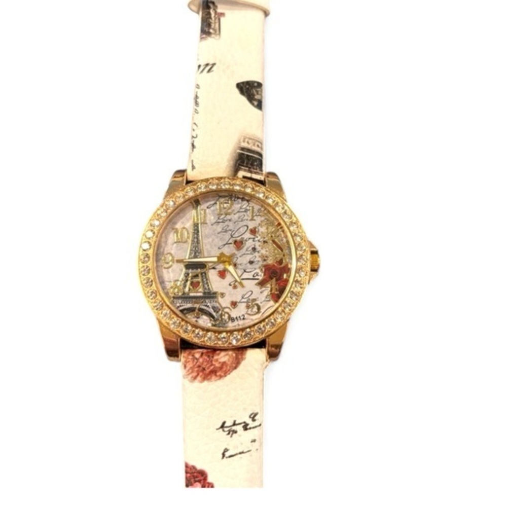 Paris Eiffel Tower Watch Gold Tone Crystal Romantic Rose Print French l Quartz